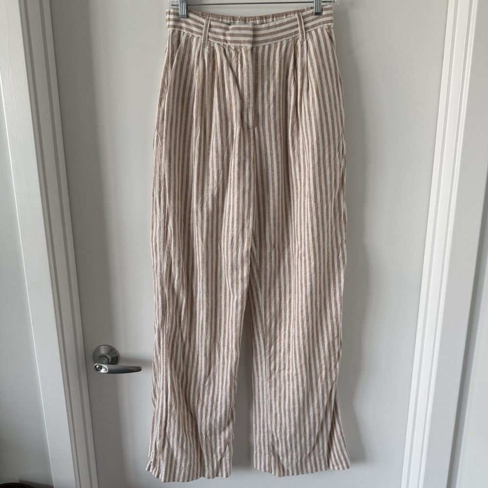 Abercrombie & Fitch Beige White Stripes Linen Blend Wide Leg Pleated Pant S LONG